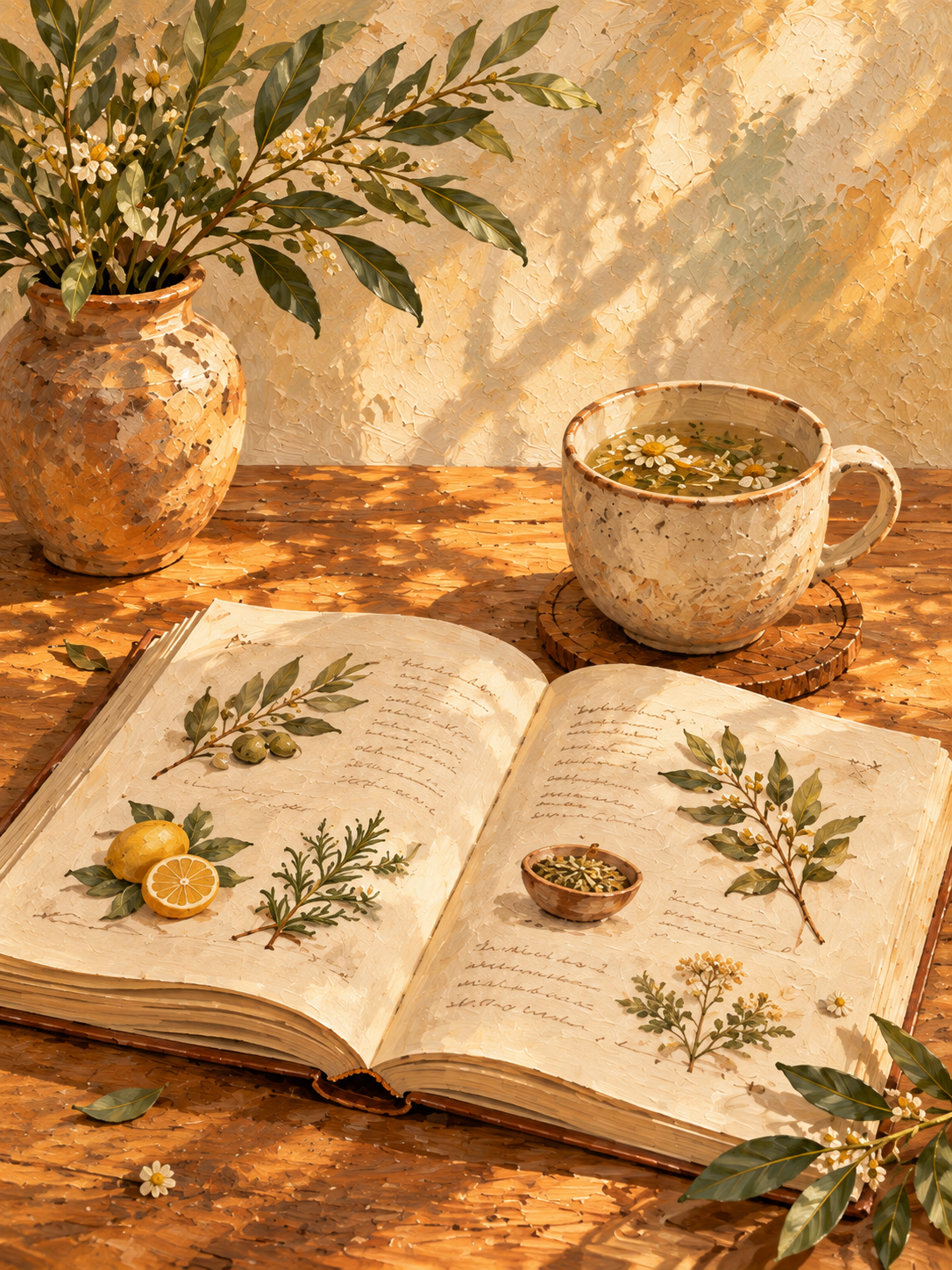 Libro abierto con hierbas, recetas y una taza de té