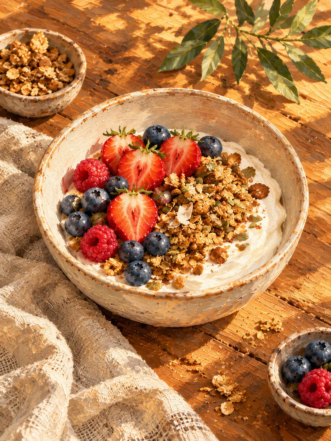 Bowl de yogur con frutillas, arándanos, frambuesas y granola