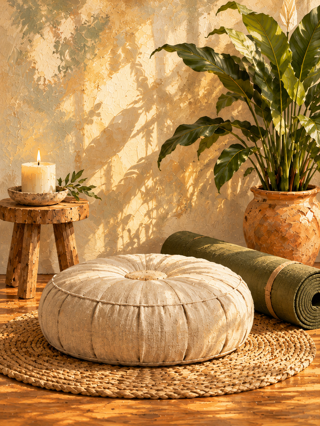Almohadón de meditación junto a un mat, una vela y una planta